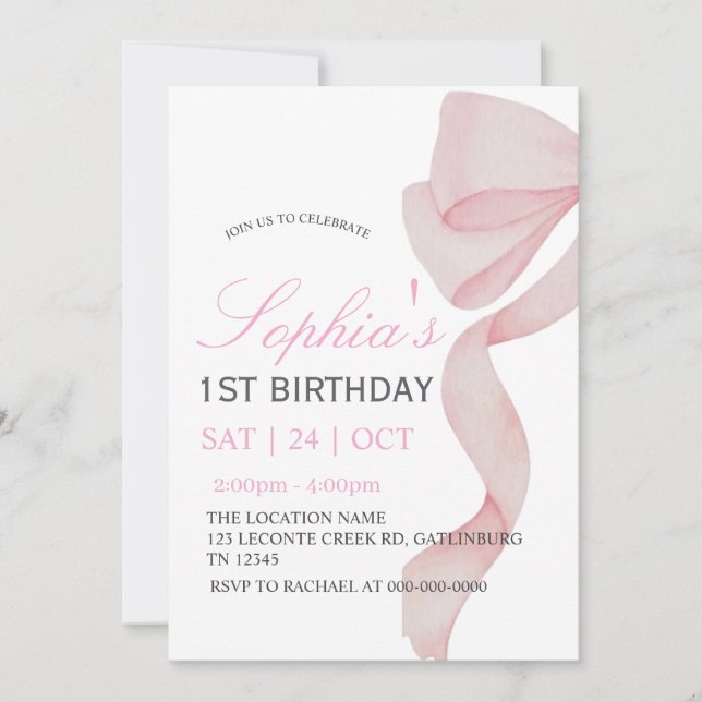 Einladung Rosa Schleife 1. Geburtstag Mädchen F (Vorderseite)