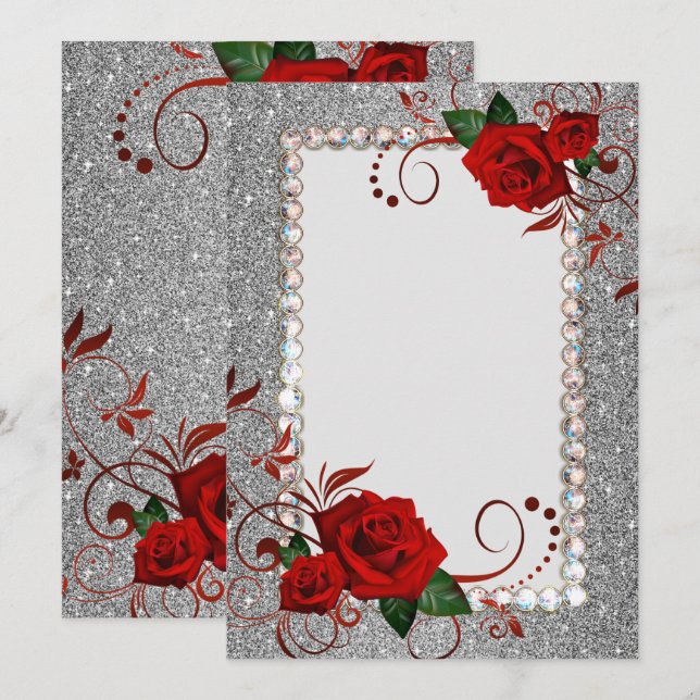 Einladung-Rote Rosen-extravaganter Glitzer Bling Einladung (Vorne/Hinten)