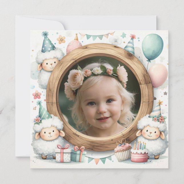 Einladung Schafsrahmen zum Foto am Geburtstag (Vorderseite)