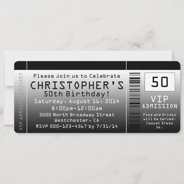 Einladung Schwarz-weißer Ticket für 50. Geburtstag (Vorderseite)
