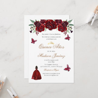 Einladung Spanisch Quinceanera rot Blumen einladen