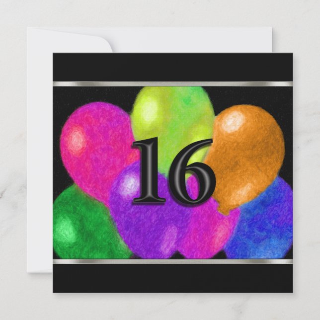 Einladung Square Birthday Balloons 16 (Vorderseite)
