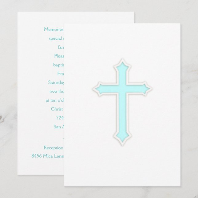 Einladung Taufe "Embossed" Cross Aqua (Vorne/Hinten)
