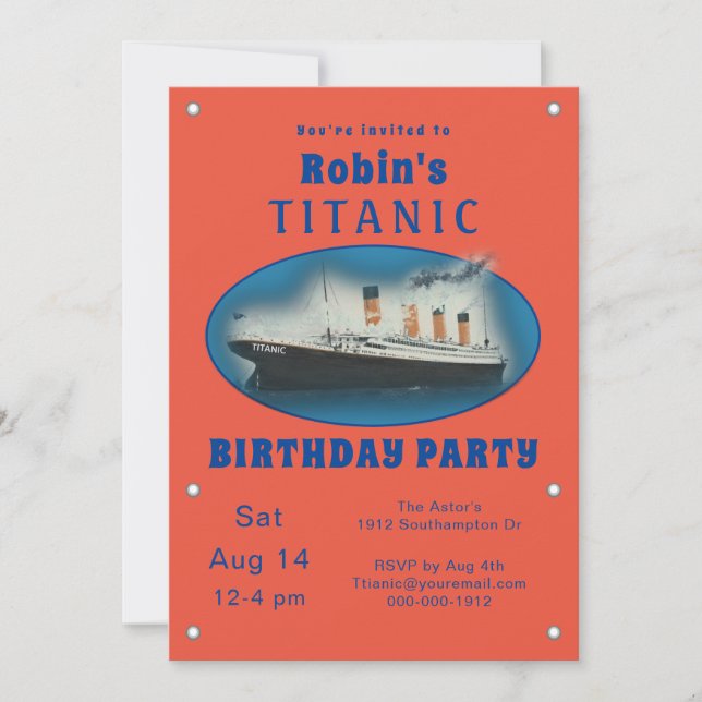 Einladung Titanic Orange zum Geburtstag (Vorderseite)