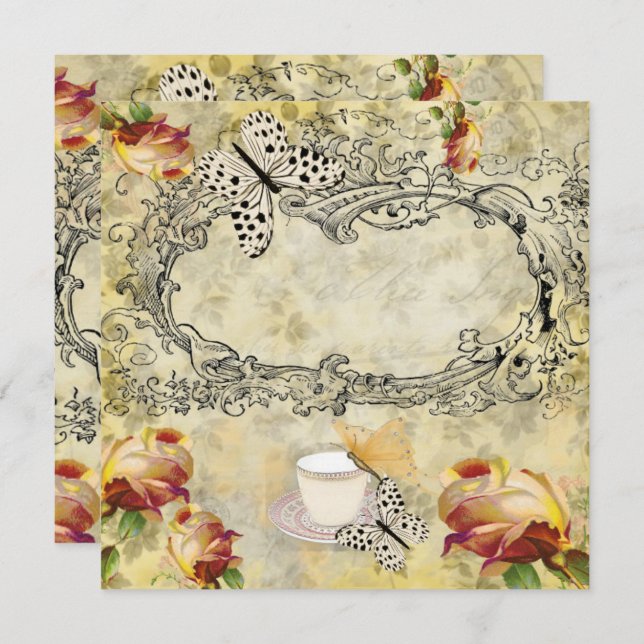 Einladung vintage Tassen und Schmetterlinge (Vorne/Hinten)