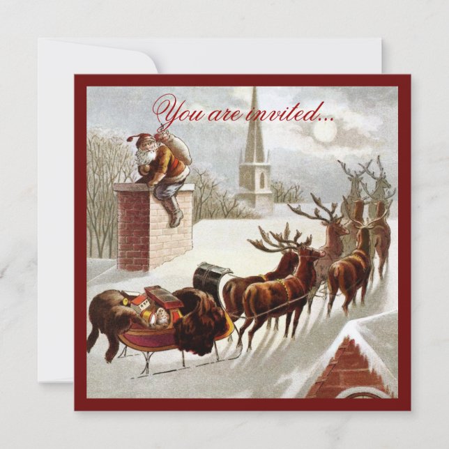 Einladung Vintager Weihnachtsmann Reindeer Sleigh (Vorderseite)