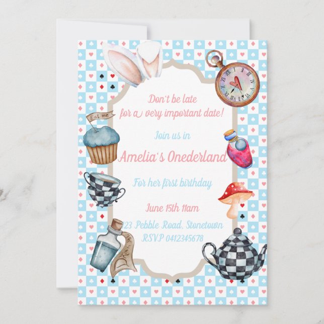 Einladung von Alice in Onederland zum ersten Gebur (Vorderseite)