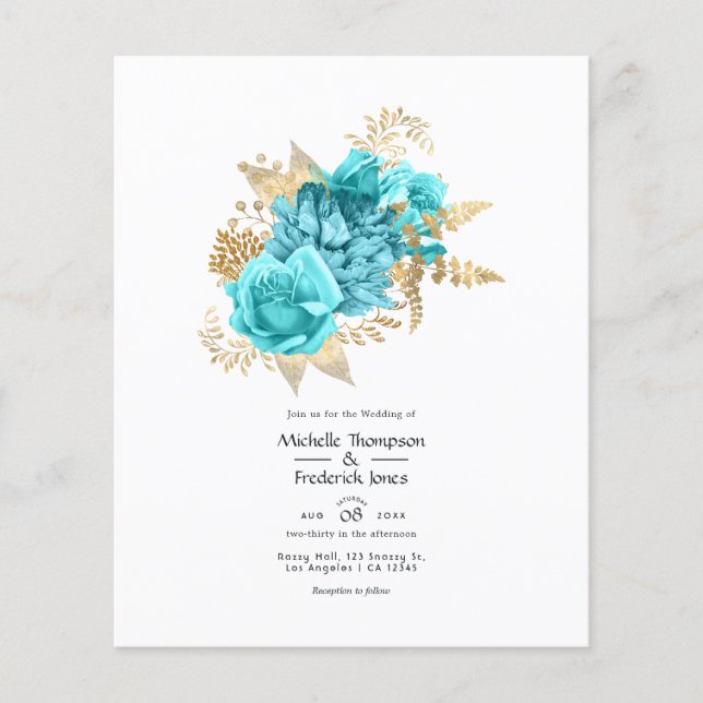 Einladung von Aqua und Gold Floral Wedding Flyer (Vorne)