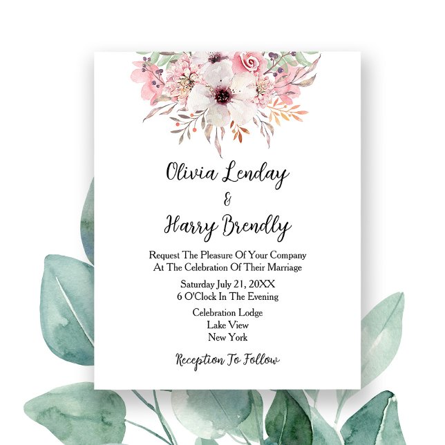 Einladung von Aquarellblumen (Personalize the bride & groom's names in stylish handwritten script. Add custom wedding details.)
