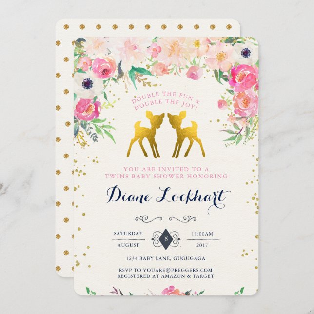 Einladung von Baby Deer Twin Baby Dusche (Vorne/Hinten)