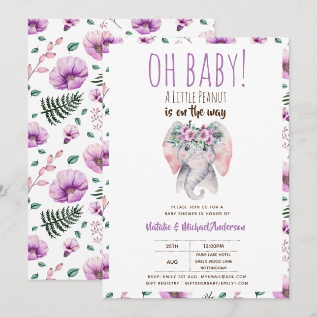 Einladung von Baby Elephant Dusche, Boho Floral (Vorne/Hinten)