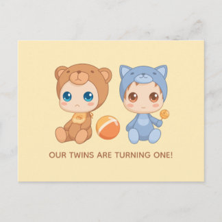 Einladung von Baby Twins zum ersten Geburtstag Kat Postkarte