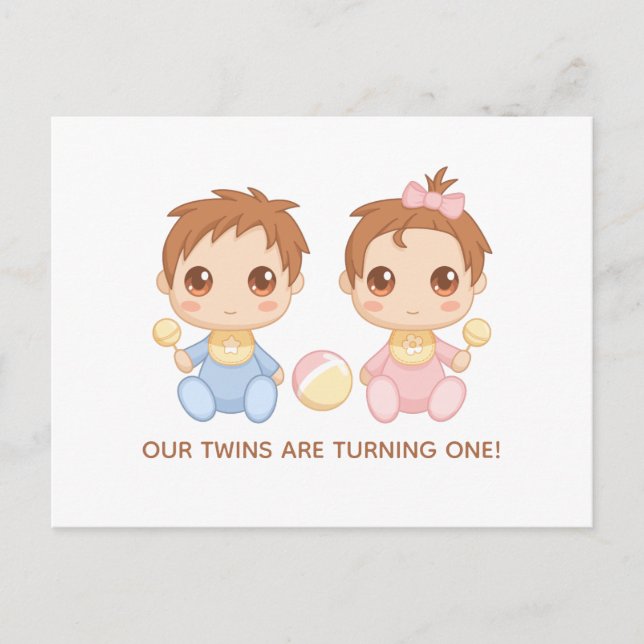 Einladung von Baby Twins zum ersten Geburtstag Postkarte (Vorderseite)