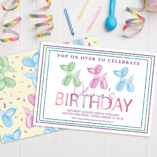 Einladung von Ballon Dog Pop-On-Over zum Geburtsta (pastel modern typography birthday party invitation)