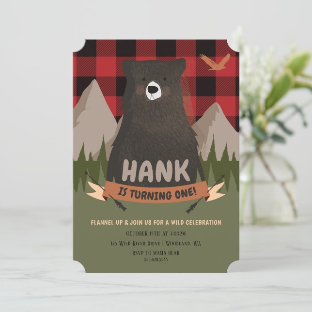 Einladung von Bär Birthday, kariert Lumberjack ein (Stehend Vorderseite)