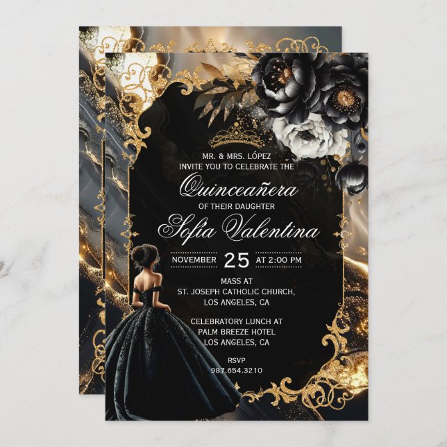 Einladung von Black and Gold Quinceañera (Vorne/Hinten)