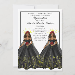 Einladung von Black and Gold Spanish Quinceanera