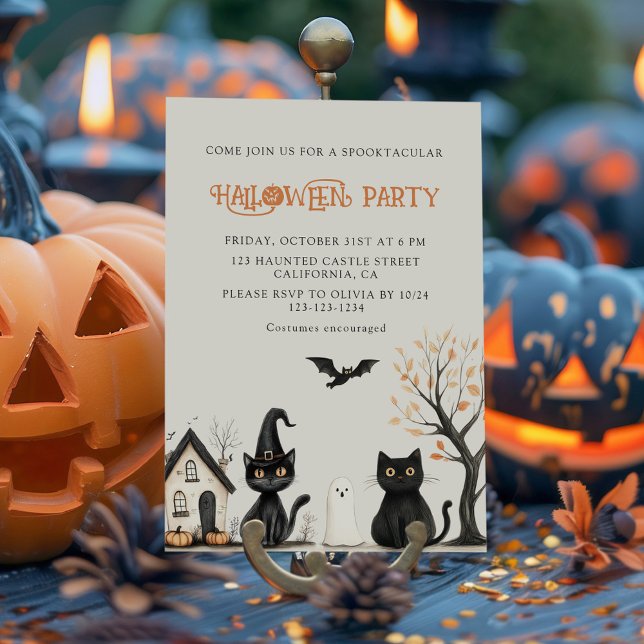 Einladung von Black Cats Halloween-Party (Black Cats Halloween Party Invitation surrounded with black and orange Jack O Lanterns.)