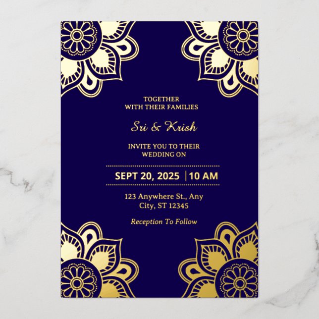 Einladung von Blue and Gold Wedding Foil (Vorderseite)
