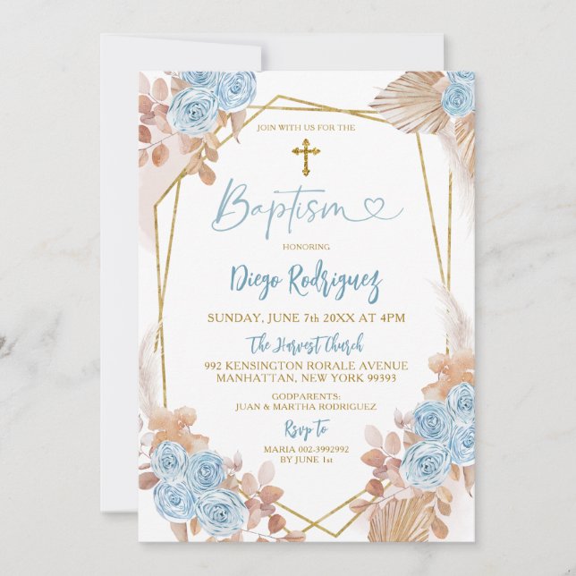 Einladung von Boho Blue and Gold Floral Baptisse (Vorderseite)