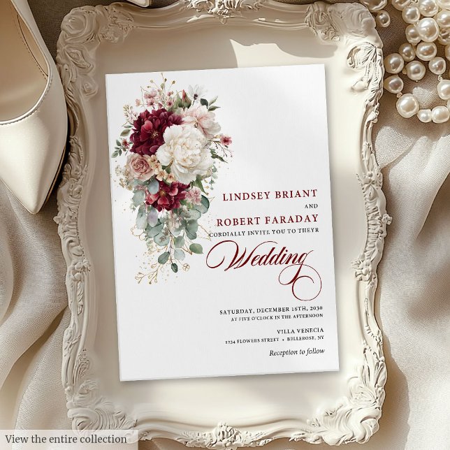 Einladung von Boho Burgundy White Gold Leaf Hochze (Boho Burgundy White Gold Leaf Wedding Invitation)