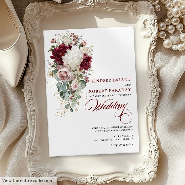 Einladung von Boho Burgundy White Rose (Boho Burgundy White Rose Gold Wedding Invitation)