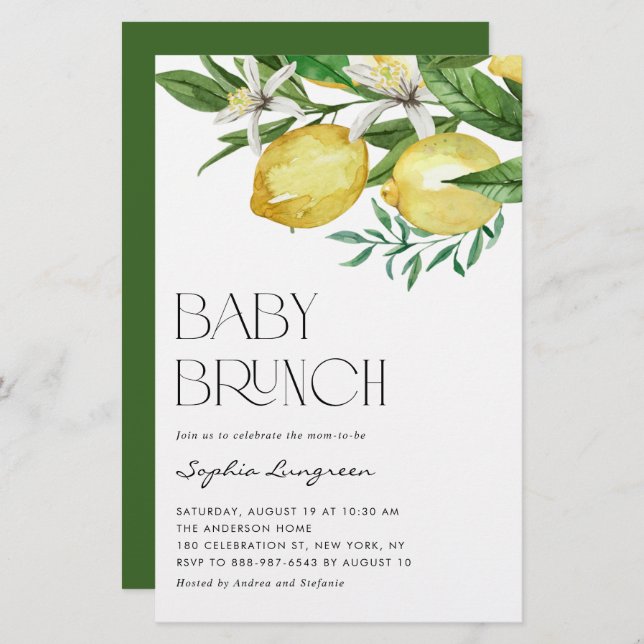Einladung von Boho Lemon und Blooms Baby Brunch (Vorne/Hinten)