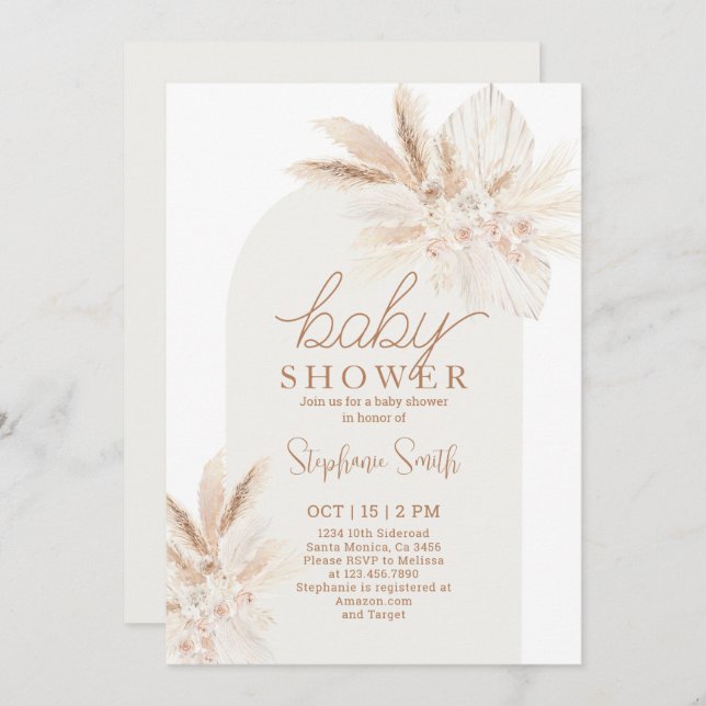 Einladung von Boho Pampas Gender Neutral Baby Show (Vorne/Hinten)