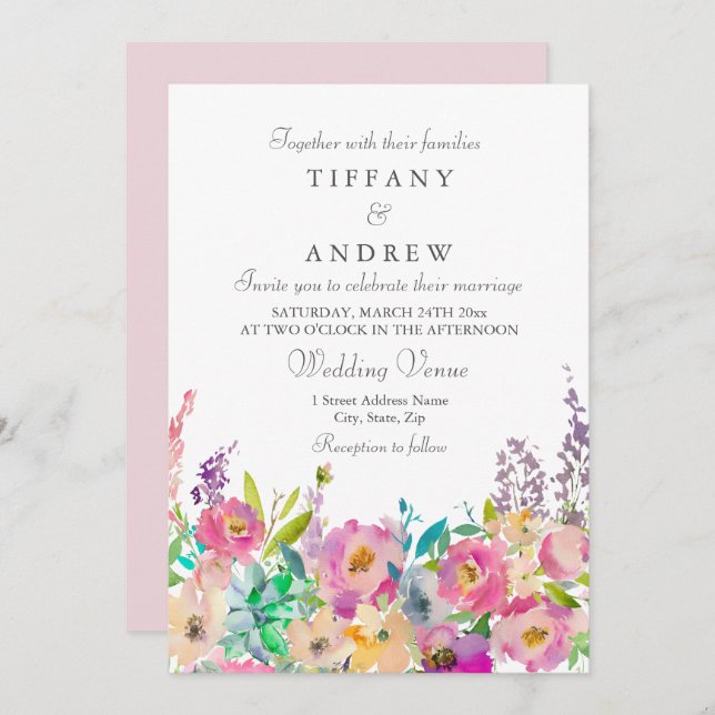 Einladung von Boho Pastel Watercolor Floral Weddin (Vorne/Hinten)