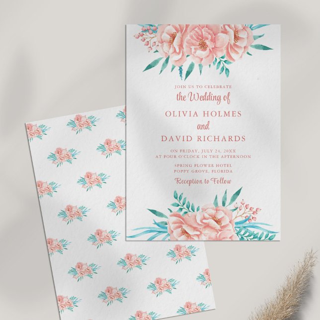 Einladung von Boho Peach und Tosca (Boho Peach and Tosca Floral Wedding Invitation on white table.)