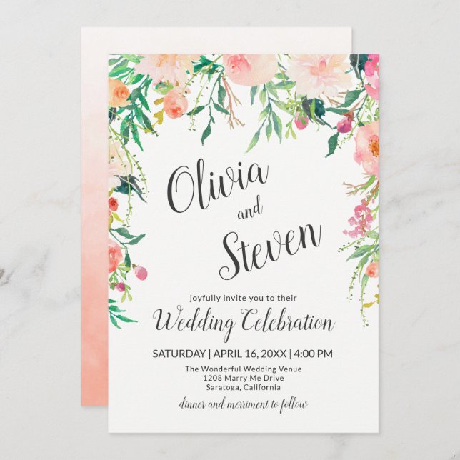 Einladung von Boho Pink Watercolor Floral Wedding (Vorne/Hinten)