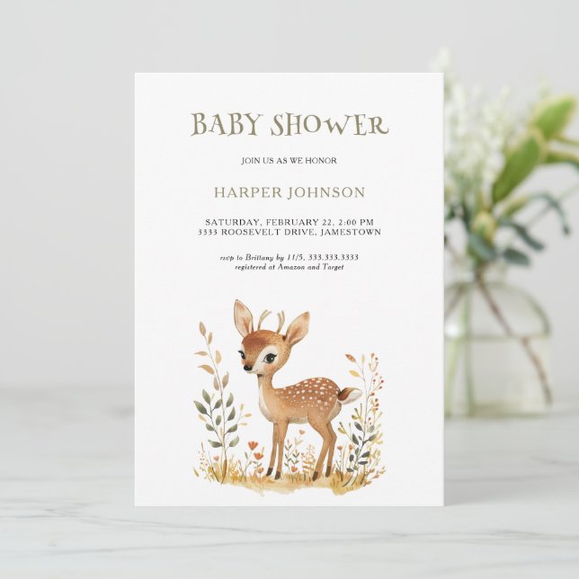 Einladung von Boho Woodland Animal Baby Shower (Stehend Vorderseite)