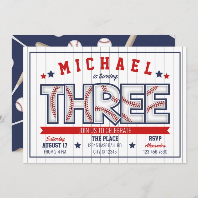 Einladung von Boy Baseball zum 3. Geburtstag (Vorne/Hinten)