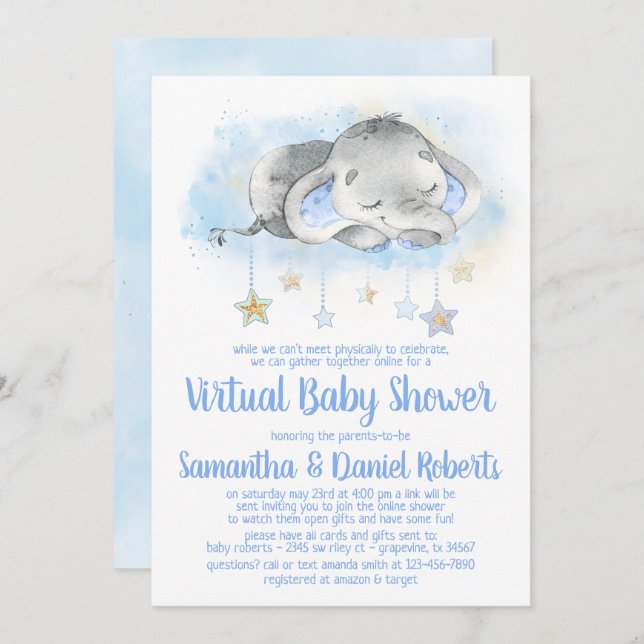 Einladung von Boy Elephant Virtual Baby Shower (Vorne/Hinten)