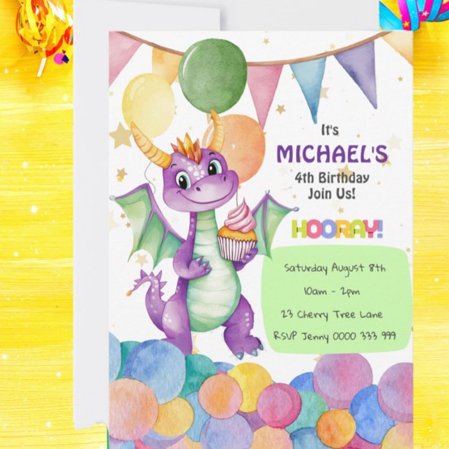 Einladung von Boys Niedlich Dragon Kindergeburtsta (Cute Watercolor Dragon Birthday Invitation | Personalized Kids Party)