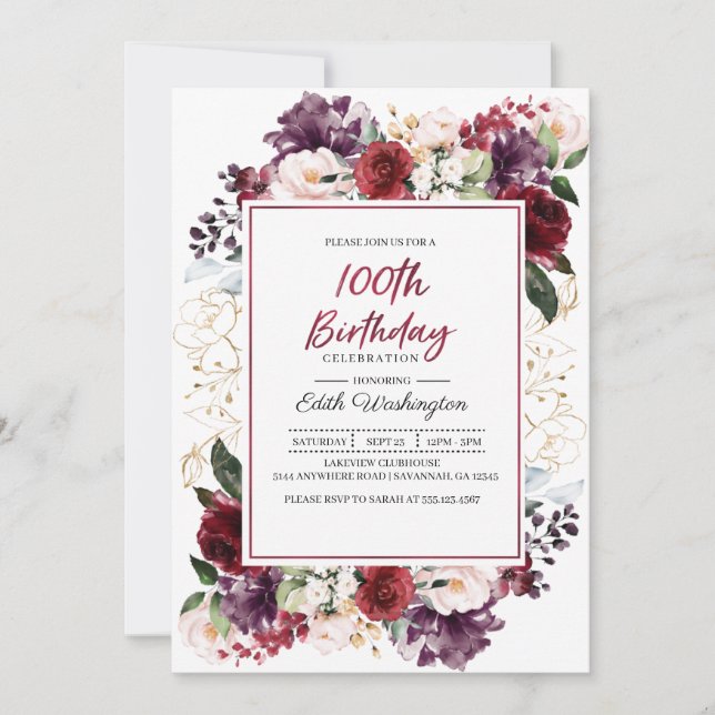 Einladung von Burgund Floral zum 100. Geburtstag (Vorderseite)