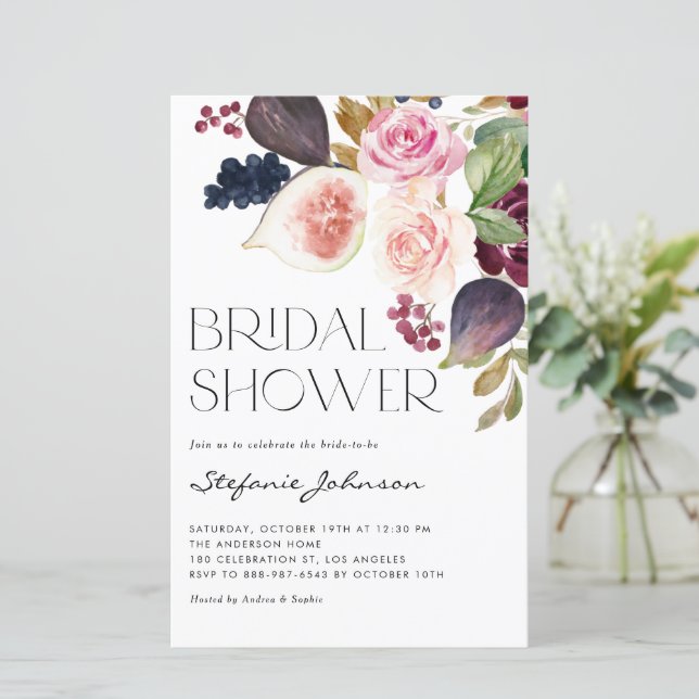 Einladung von Burgunder Blume und Figs Bridal Dusc (Stehend Vorderseite)