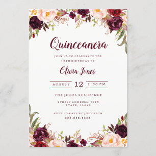 Einladung von Burgundy Floral Quinceanera