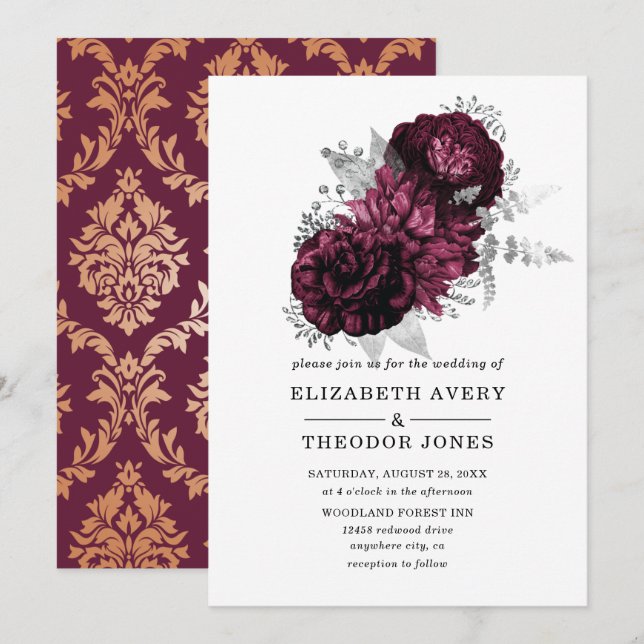 Einladung von Burgundy Floral Wedding (Vorne/Hinten)