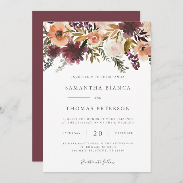 Einladung von Burgundy Floral Wedding (Vorne/Hinten)