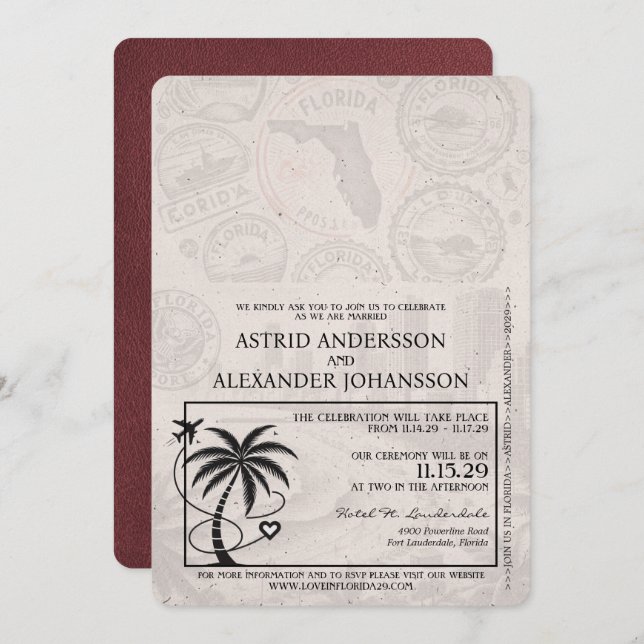 Einladung von Burgundy Florida Passport Hochzeit (Vorne/Hinten)