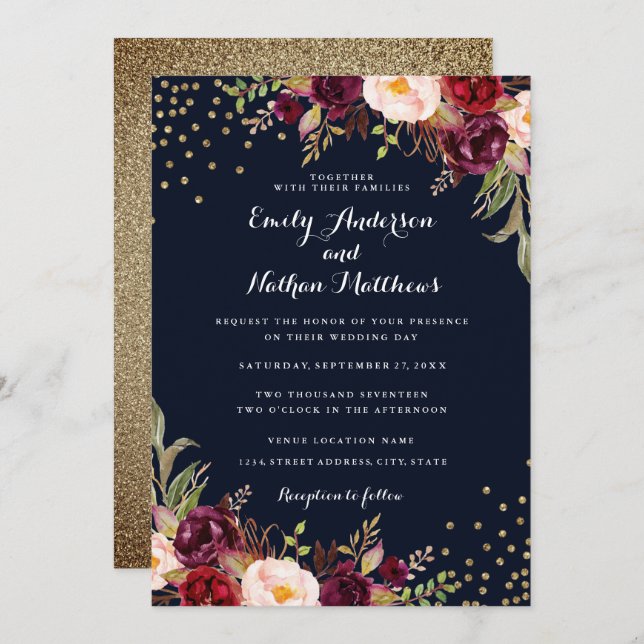 Einladung von Burgundy Gold Confetti Floral Weddin (Vorne/Hinten)