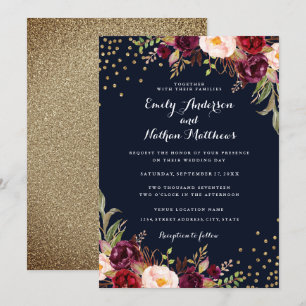 Einladung von Burgundy Gold Confetti Floral Weddin