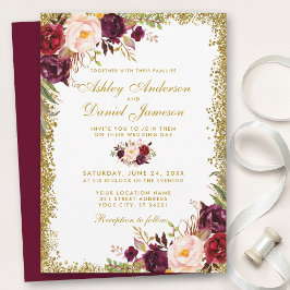 Einladung von Burgundy Gold Glitzer Floral Wedding