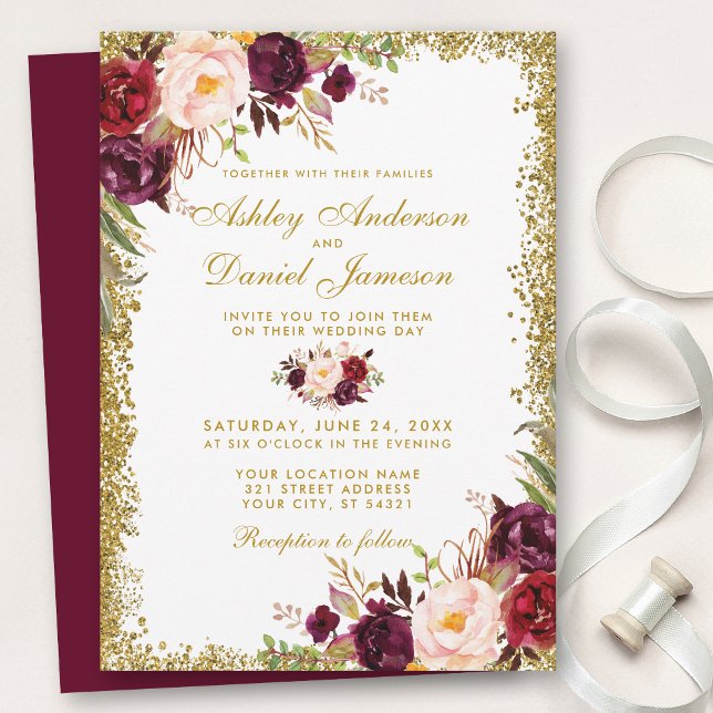 Einladung von Burgundy Gold Glitzer Floral Wedding (Customize to change text color, style, add text & photos to back or change color of back of card.)