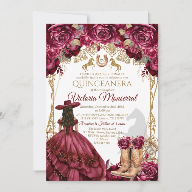Einladung von Burgundy Gold Quinceañera (Vorderseite)