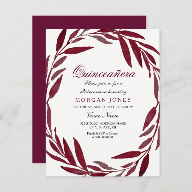 Einladung von Burgundy Leaf Wreath Quinceanera (Vorne/Hinten)