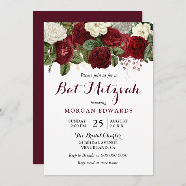 Einladung von Burgundy Red White Floral Bat Mitzva (Vorne/Hinten)