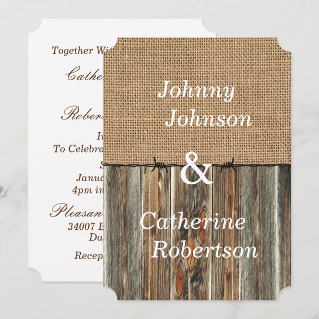 Einladung von Burlap Barnwood Barbed Wire (Vorne/Hinten)