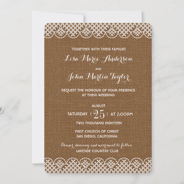 Einladung von Burlap Lace Rustic Wedding (Vorderseite)